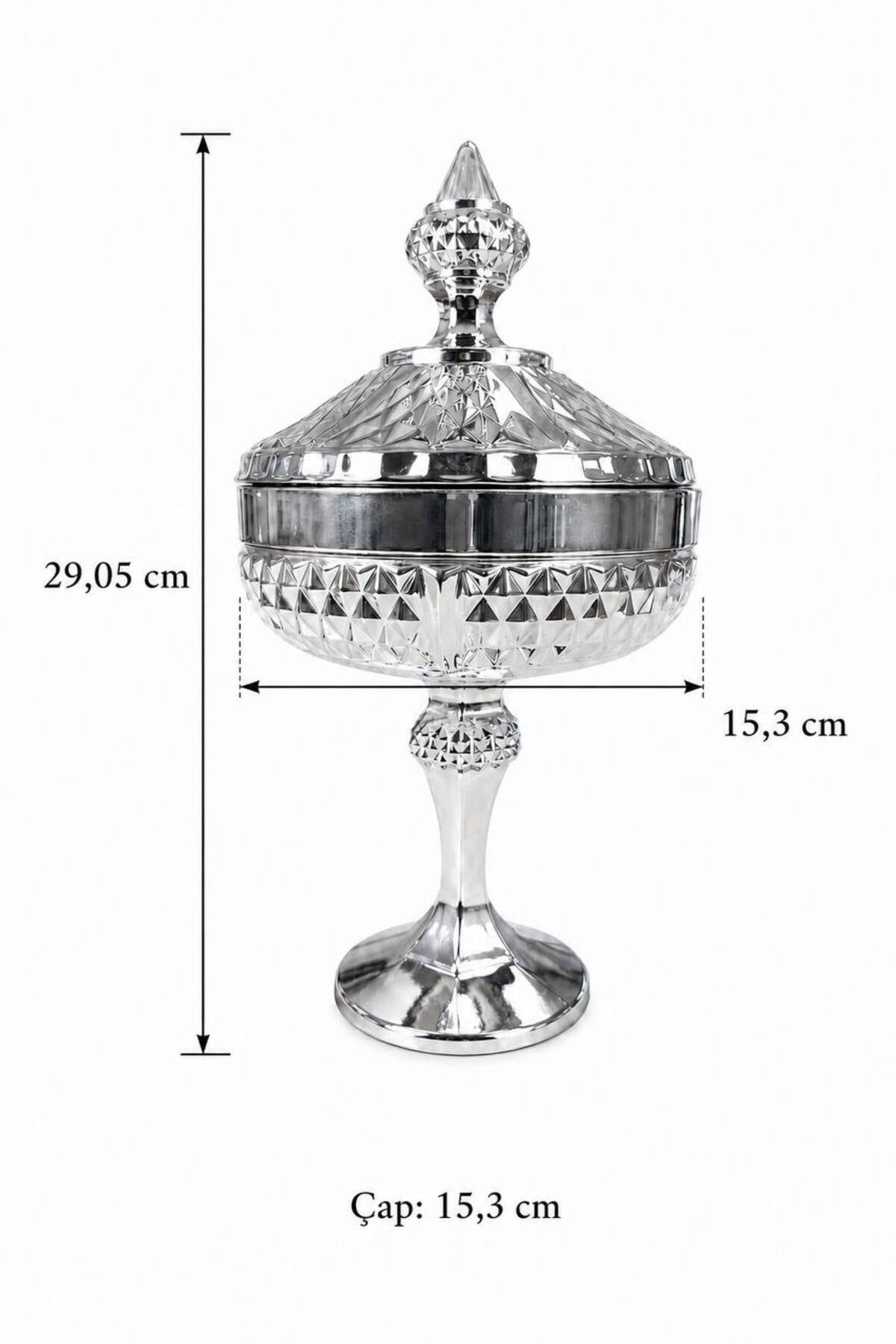 Royalis Serisi Gümüş Titanyum Kaplama Kapaklı Cam Şekerlik & Sunumluk
