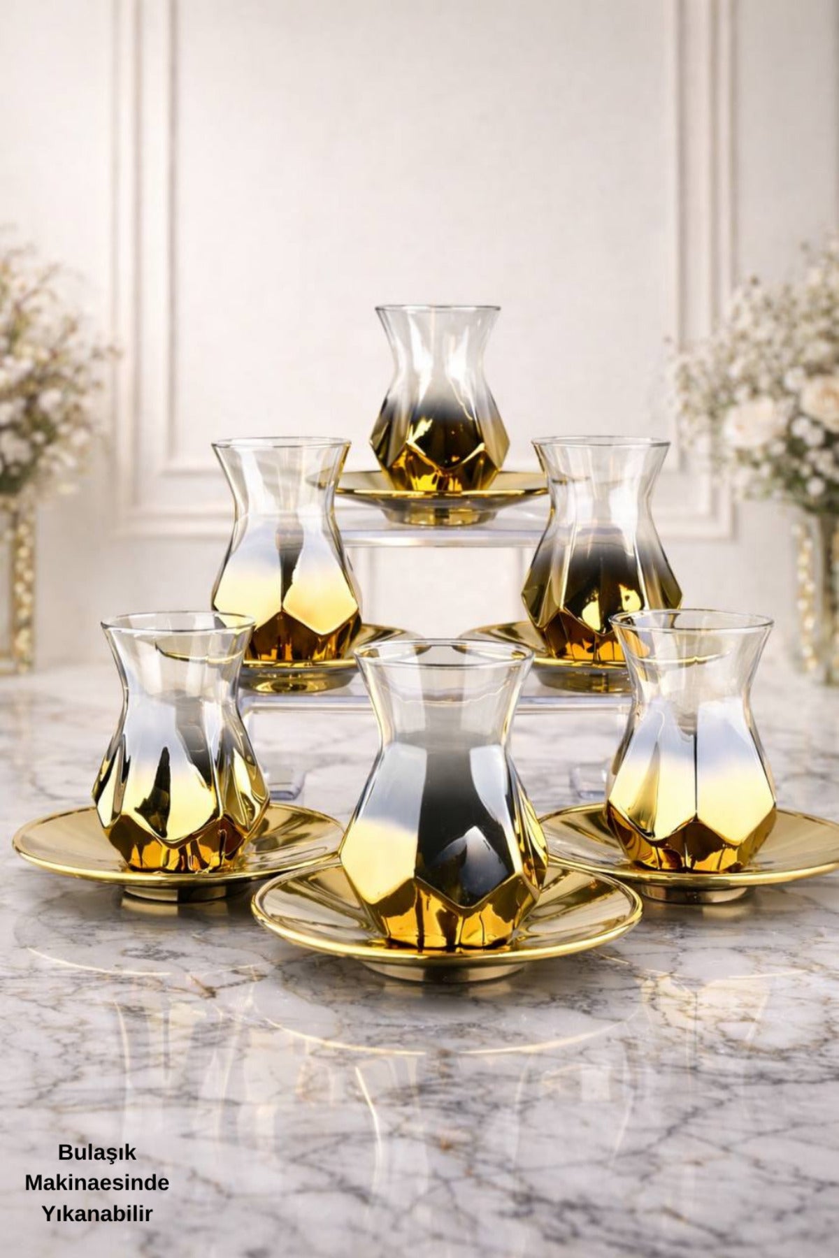 Amber Lüks 6 Kişilik Cam Çay Seti - 12 Parçalık Çeyizlik Modern Tasarım-Hediyelik - Altın