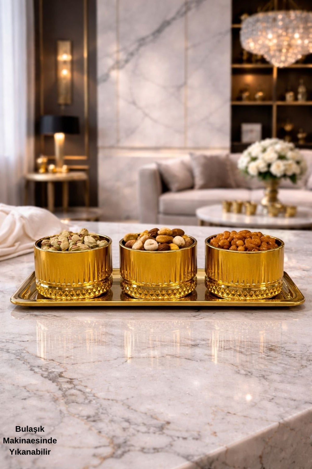 – 3’lü Cam Çerezlik + 1 Adet Paslanmaz Tepsi | Şık Sunum Seti – Çeyizlik & Hediyelik - Altın