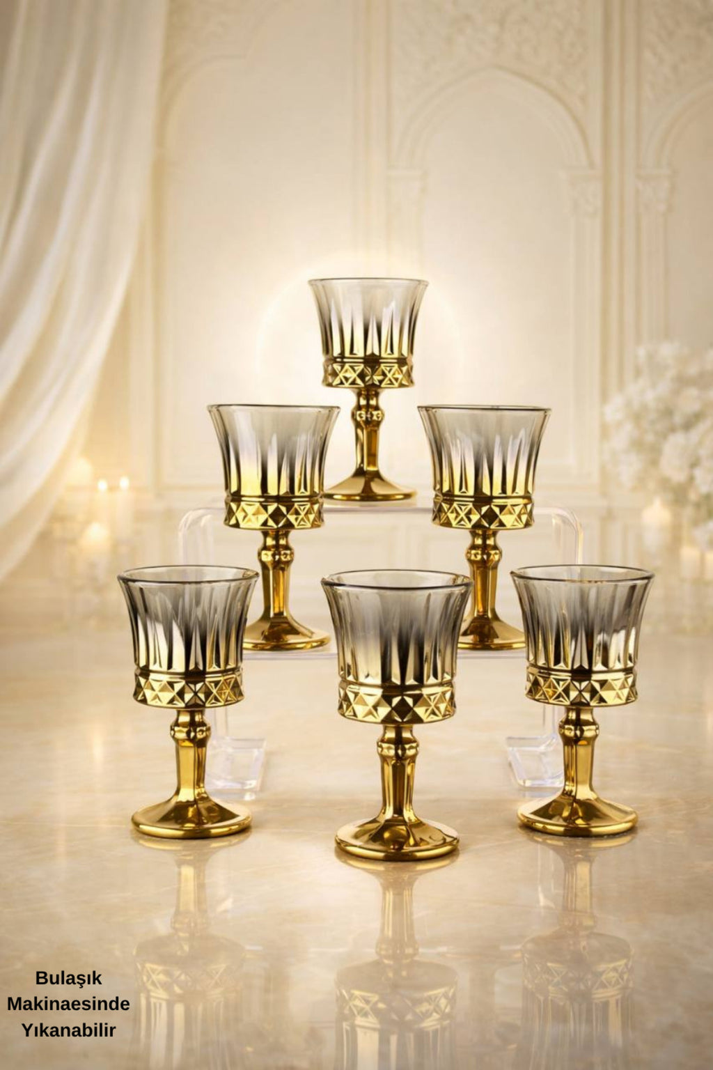 Premium Honey Titanyum Işıltılı Ayaklı Küçük Kahve Yanı Kadeh Seti - 6 Adet-Hediyelik - Altın