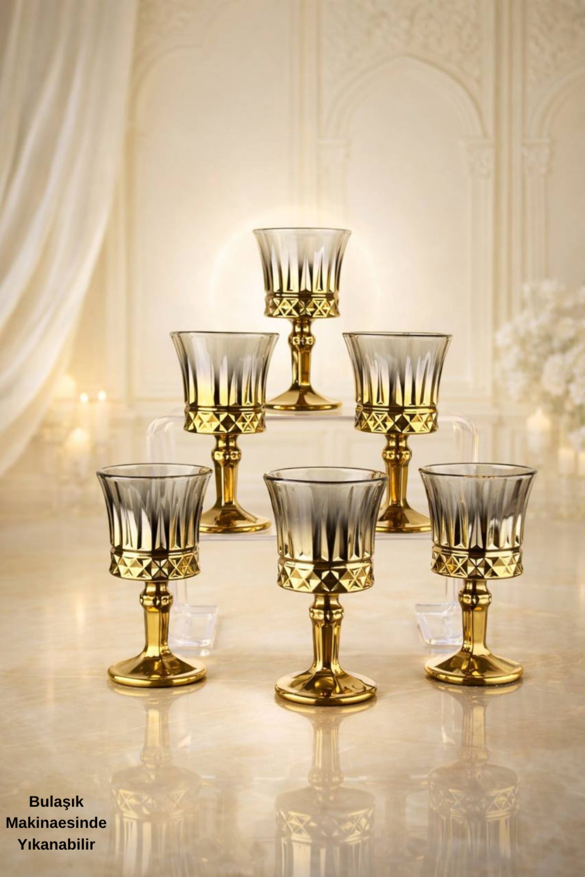Premium Honey Titanyum Işıltılı Ayaklı Küçük Kahve Yanı Kadeh Seti - 6 Adet-Hediyelik - Altın