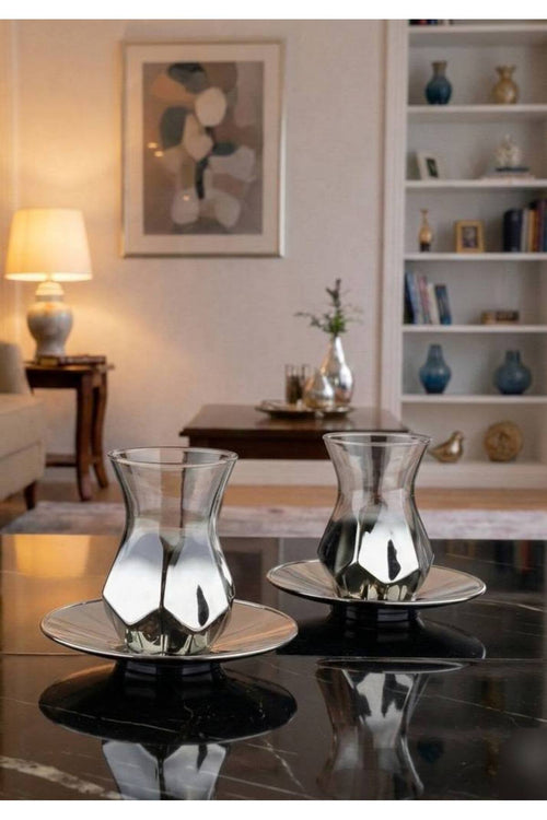 Amber Lüks 6 Kişilik Cam Çay Seti - 12 Parçalık Çeyizlik Modern Tasarım-Hediyelik