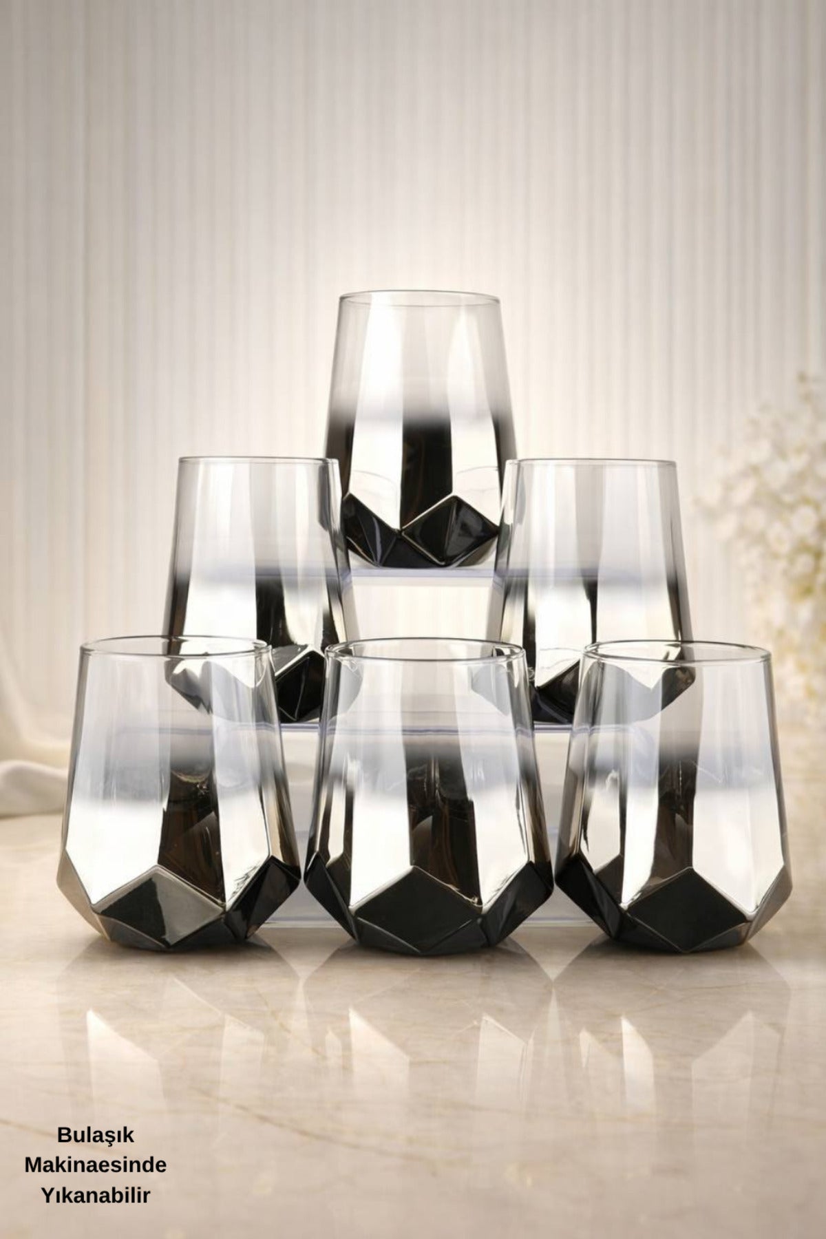 Amber Serisi Titanyum Kaplama Modern Su Bardağı 6’lı Premium Set - 6 Kişilik-Hediyelik - Gümüş