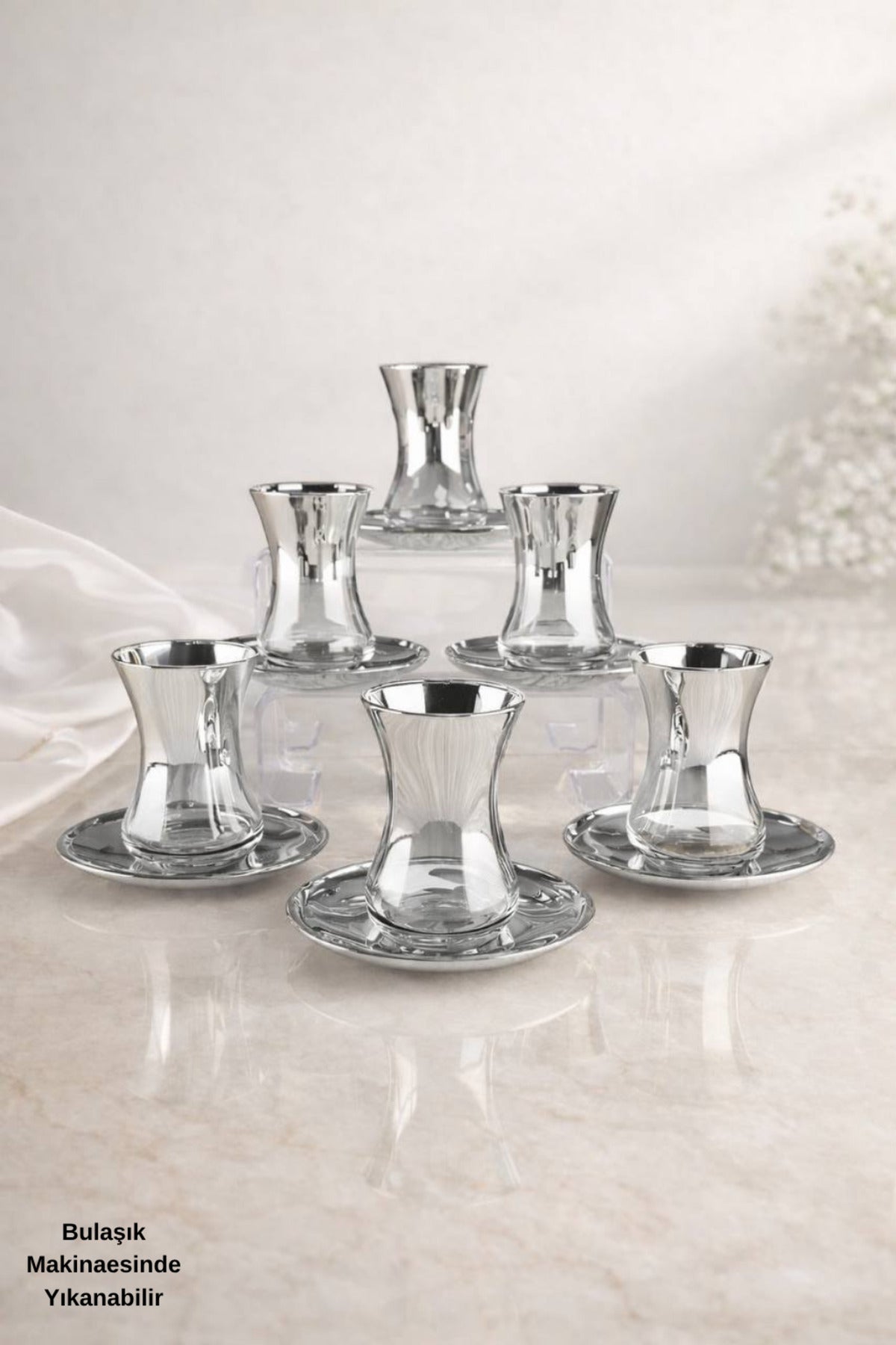 Simge Serisi Cam Titanyum Kaplama 6 Kişilik Çay Bardağı Seti - Modern Şık Çeyizlik Set - Gümüş