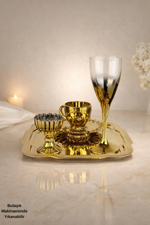 Arya Series 1 Piece Coffee Cup + 1 Piece Luxury Coffee-Side Glass + 1 Piece Multi-Purpose Turkish Delight Dish - set - Gold