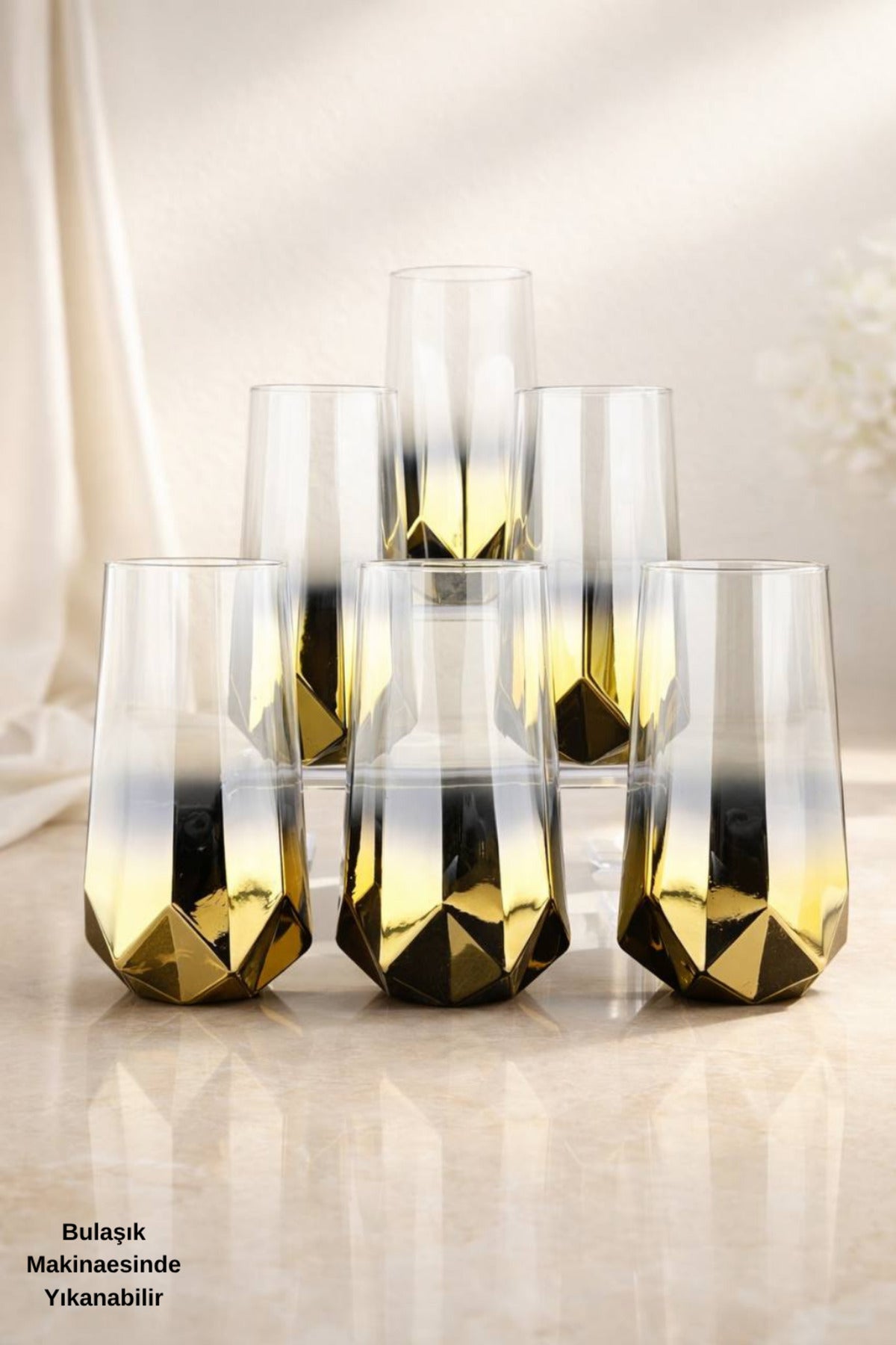 Amber Serisi Titanyum Kaplama Modern Su Bardağı 6’lı Premium Set - Hediyelik - Altın