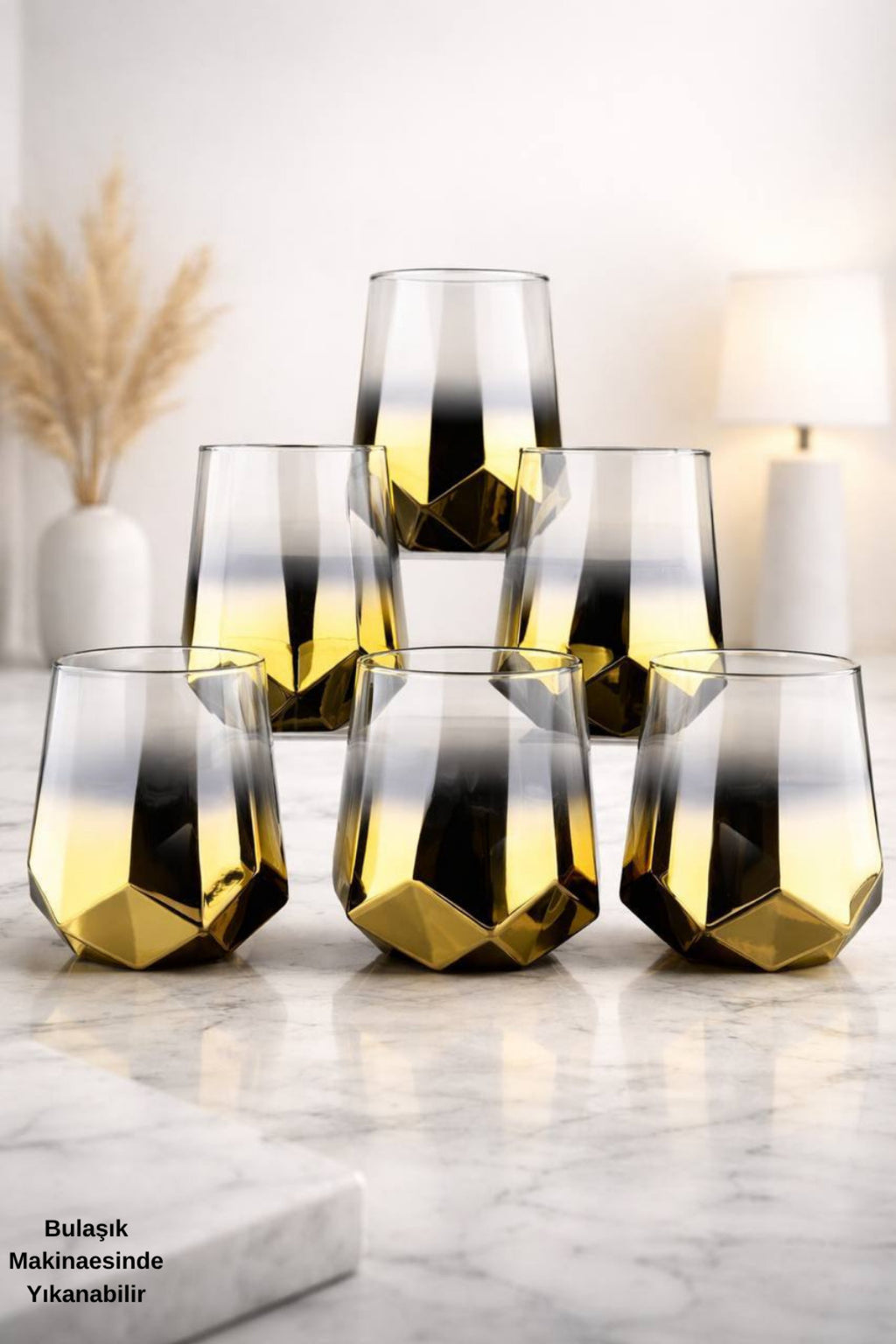Amber Serisi Titanyum Kaplama Modern Su Bardağı 6’lı Premium Set - 6 Kişilik-Hediyelik - Altın