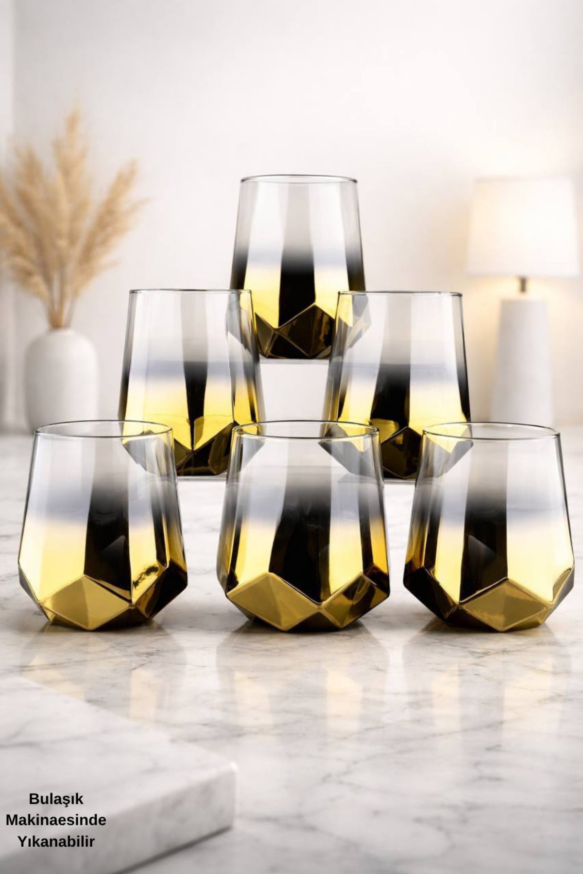 Amber Serisi Titanyum Kaplama Modern Su Bardağı 6’lı Premium Set - 6 Kişilik-Hediyelik - Altın