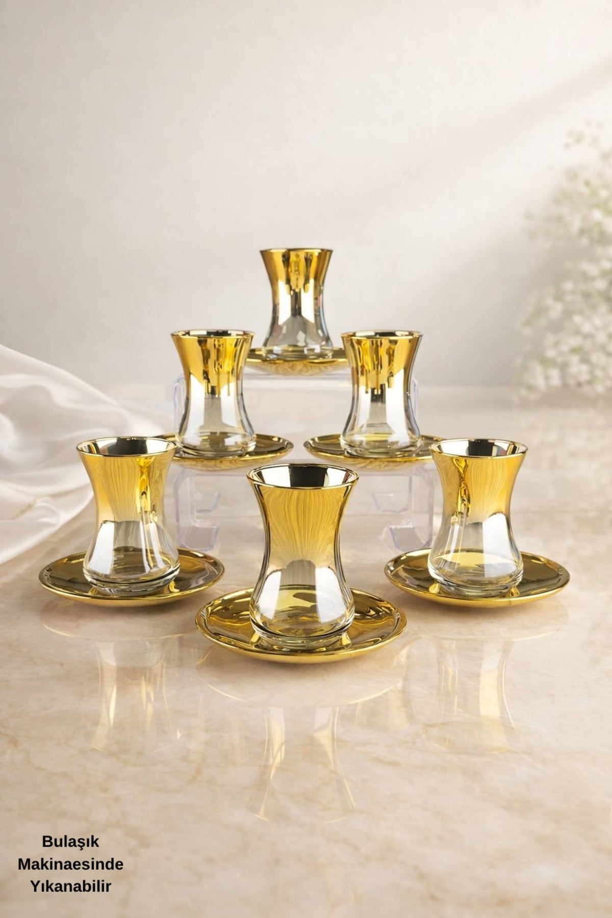 Simge Serisi Cam Titanyum Kaplama 6 Kişilik Çay Bardağı Seti - Modern Şık Çeyizlik Set - Altın