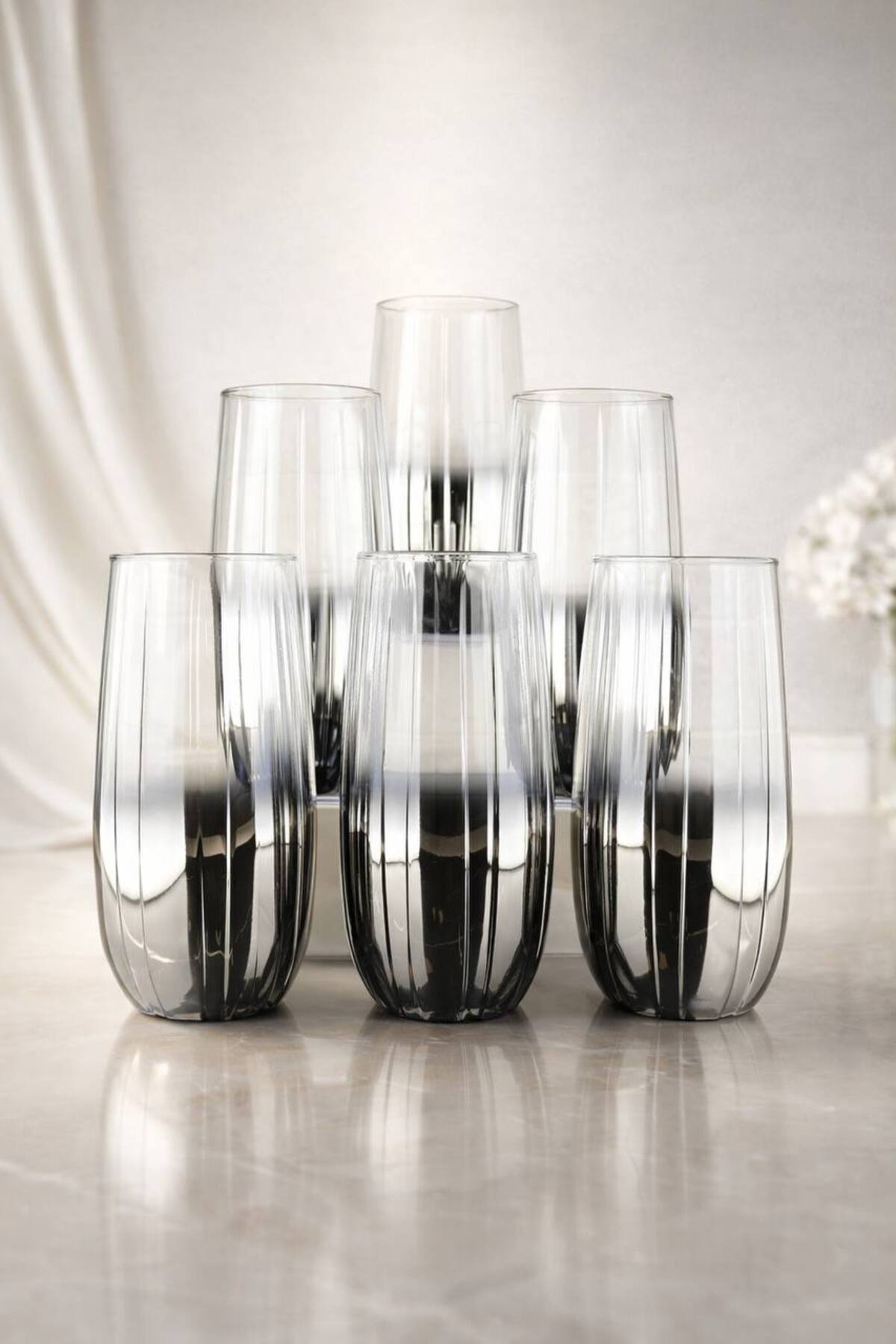 Botanica Serisi 6 Kişilik Özel Tasarım Cam Bardak Seti - Meşrubat ve Su Bardağı-Hediyelik -500 ml - Gümüş