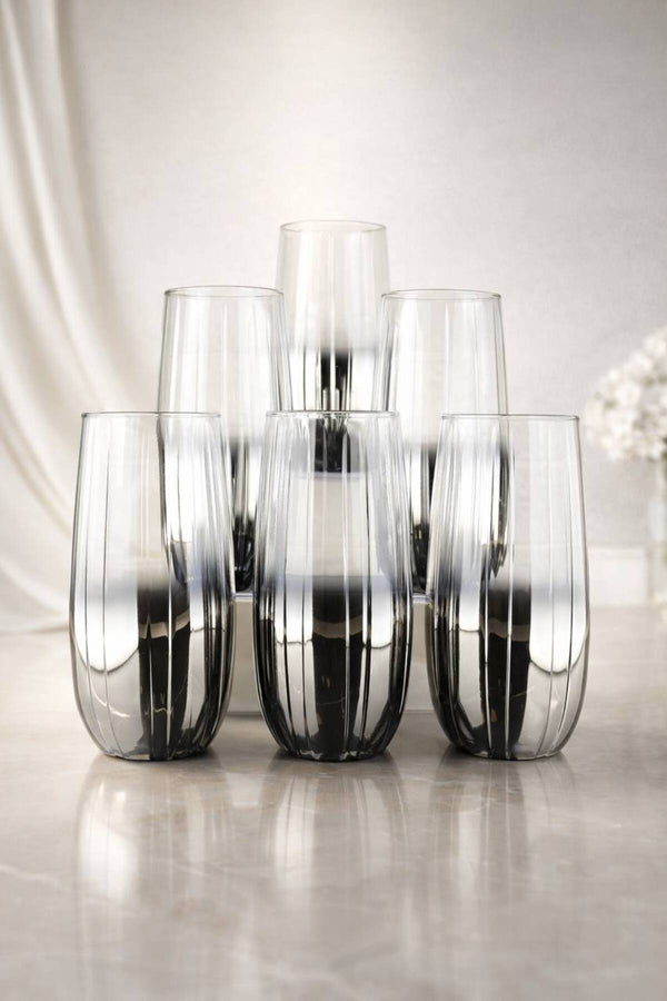 Botanica Serisi 6 Kişilik Özel Tasarım Cam Bardak Seti - Meşrubat ve Su Bardağı-Hediyelik -500 ml - Gümüş