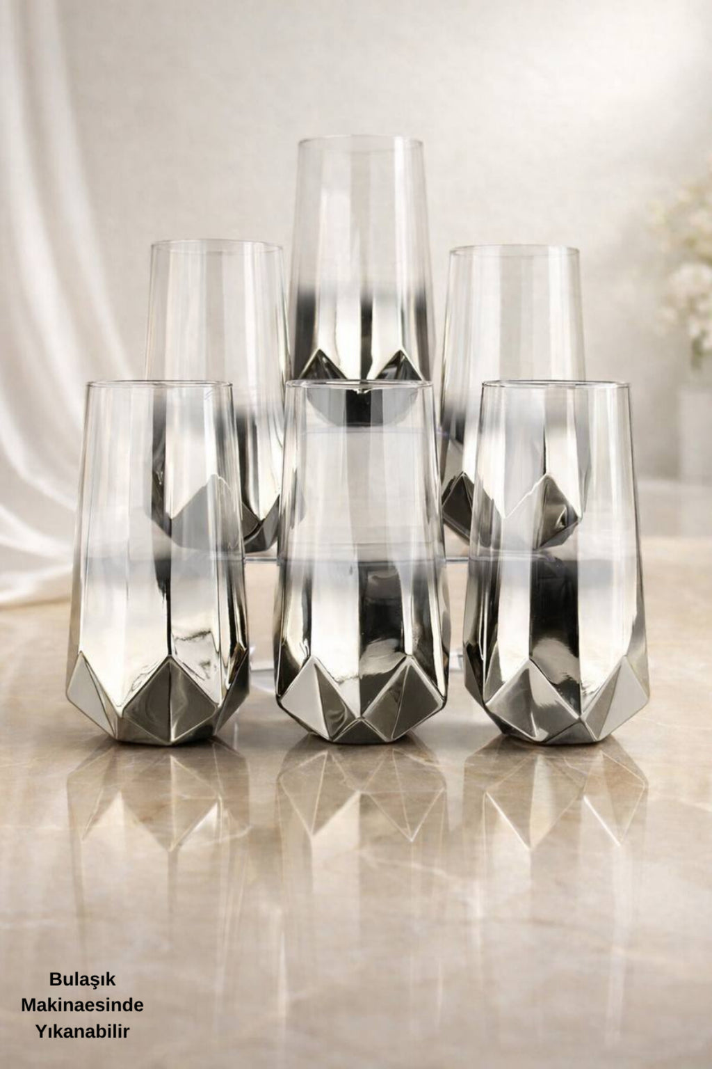Amber Serisi Titanyum Kaplama Modern Su Bardağı 6’lı Premium Set - Hediyelik - Gümüş