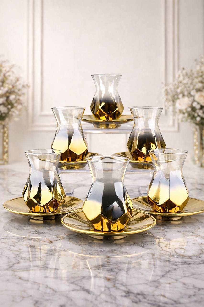 rova tr Amber Lüks 6 Kişilik Cam Çay Seti - 12 Parçalık Çeyizlik Modern Tasarım-Hediyelik