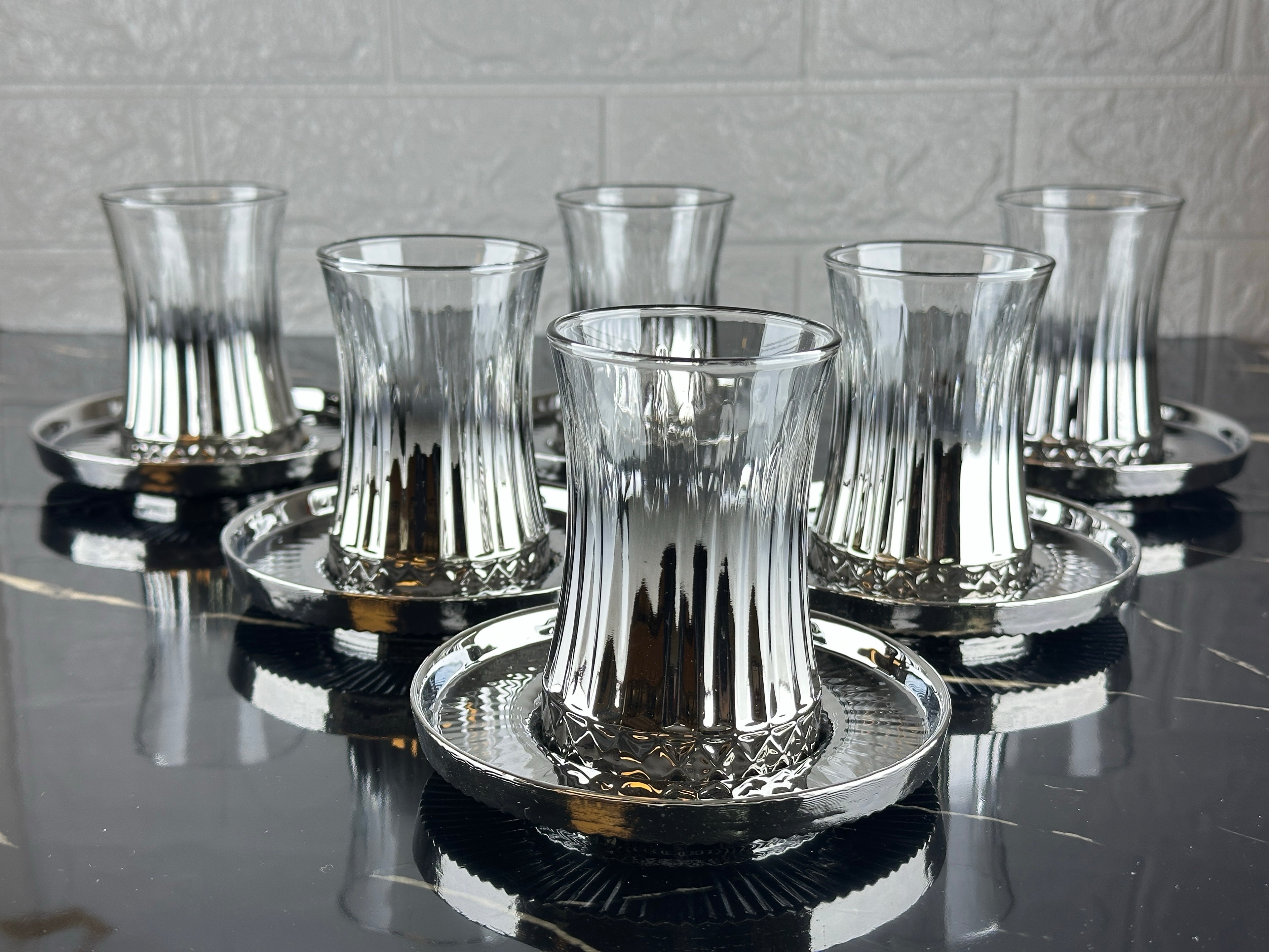 Titanyum Kaplama Elysia Kristal 6 Kişilik Çay Bardağı Seti - Solmaz Kaplama Lüks Kesim Çay Takımı