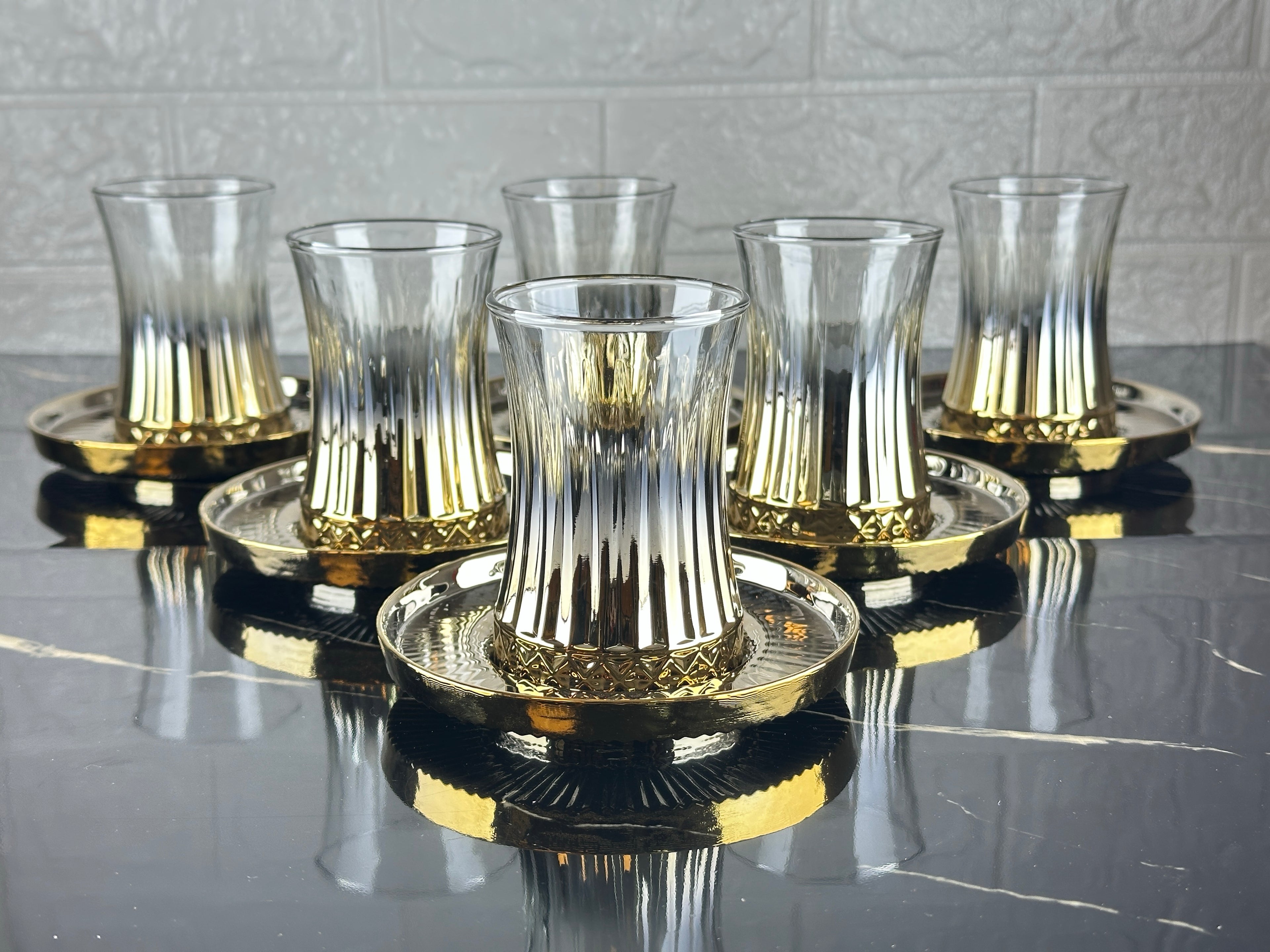 rova tr Titanyum Kaplama Elysia Kristal 6 Kişilik Çay Bardağı Seti - Solmaz Kaplama Lüks Kesim Çay Takımı