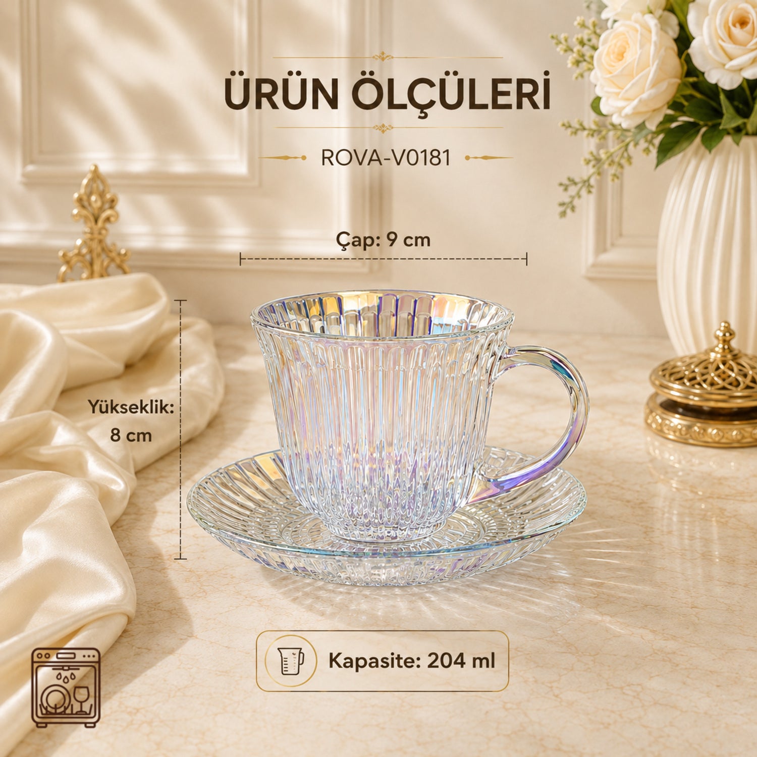 ROVA TR İridyum Cam Çay Fincanı Takımı – Dikey Çizgili, 6 Kişilik - Çok Renkli