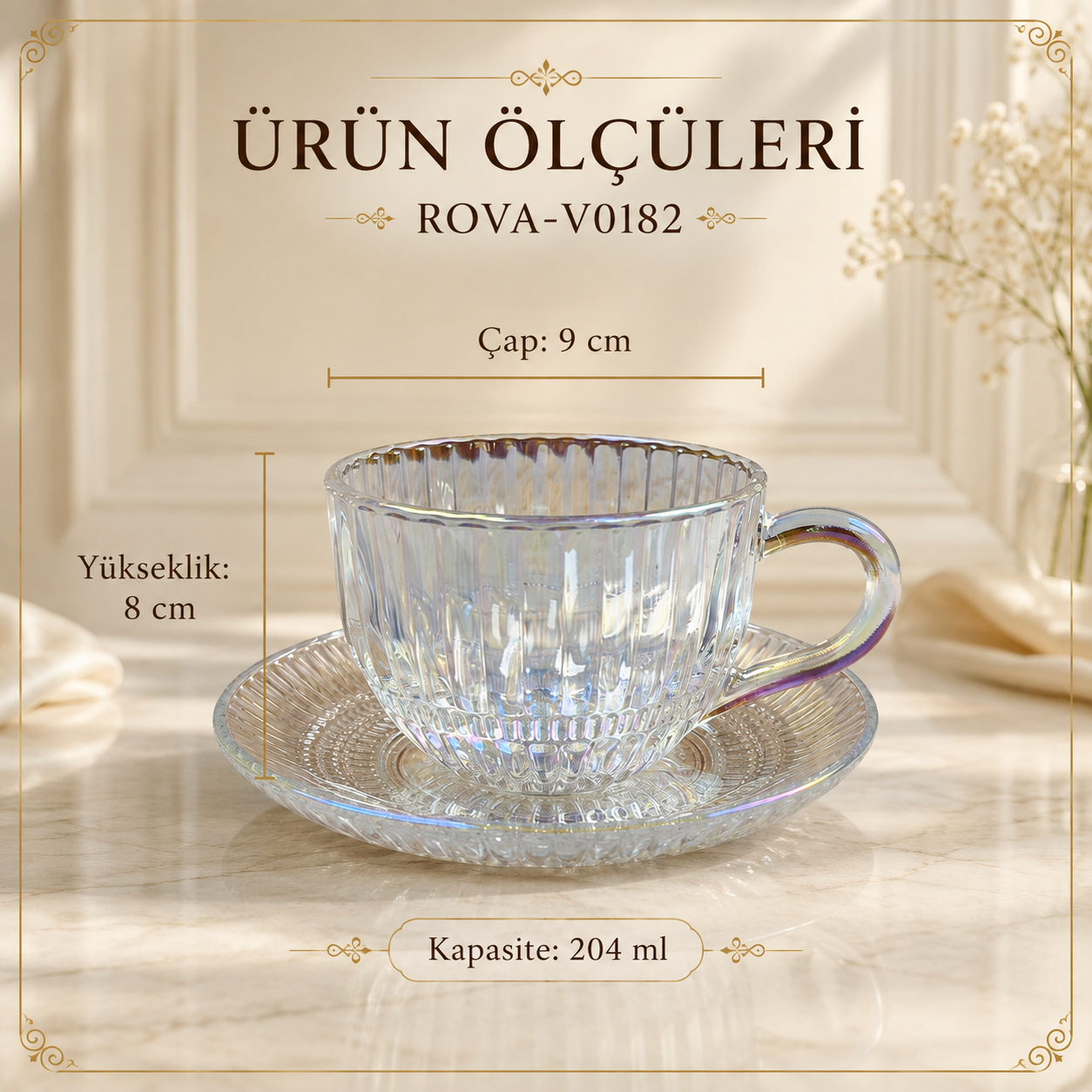 ROVA TR İridyum Cam Çay Fincanı Takımı – Yuvarlak Çizgili, 6 Kişilik - Çok Renkli