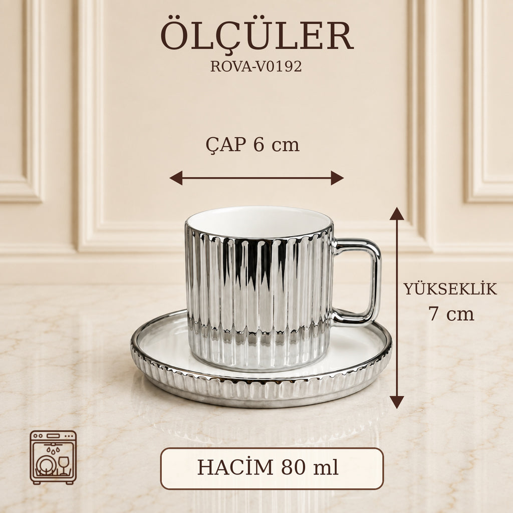 ROVA TR Çizgili 6 Kişilik Porselen Kahve Fincanı Takımı - Gümüş