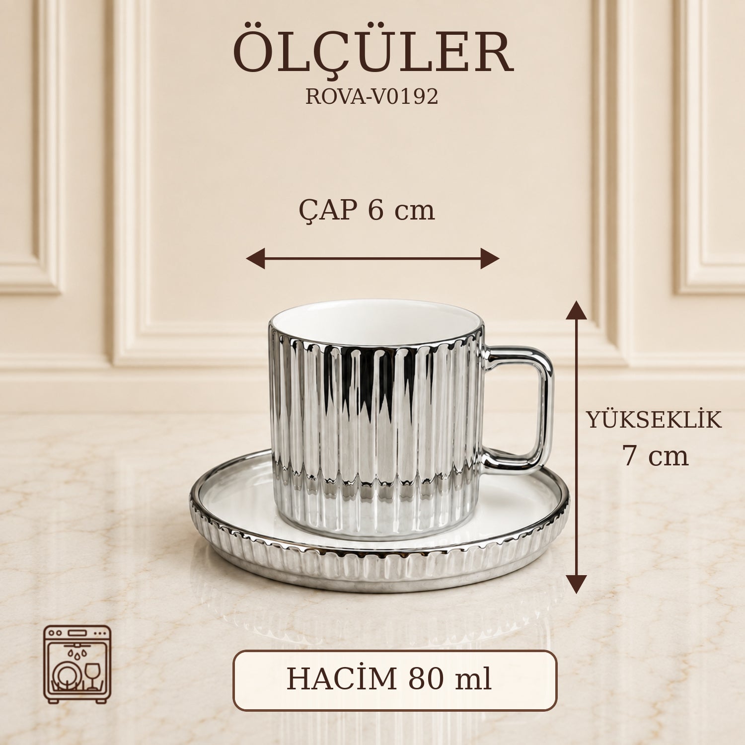 ROVA TR Çizgili 6 Kişilik Porselen Kahve Fincanı Takımı - Gümüş