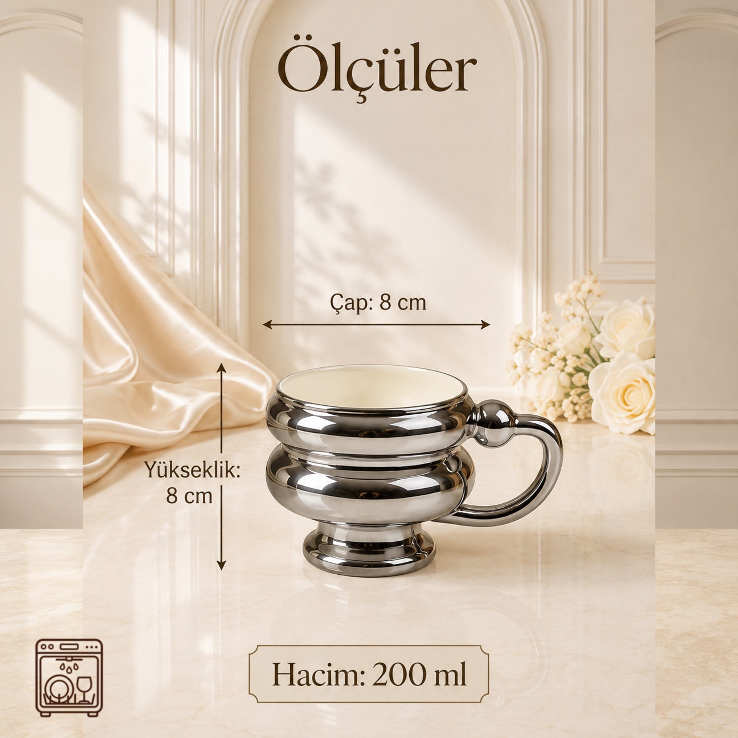ROVA TR Kaplama Kulplu Ayaklı Cam Kupa 200 ml - Gümüş