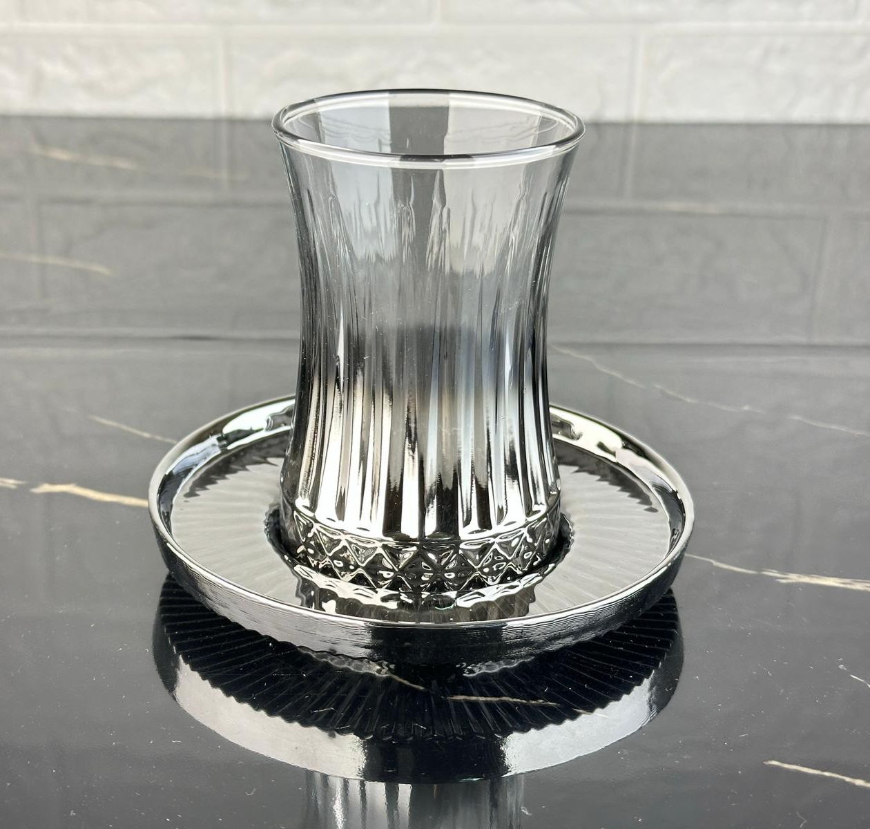 Titanyum Kaplama Elysia Kristal 6 Kişilik Çay Bardağı Seti - Solmaz Kaplama Lüks Kesim Çay Takımı